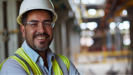 Civil Engineer Hispanic smiling with Constuction backgrounds, use for banner cover. Success in target of project goal Handsome Middle Eastern worker