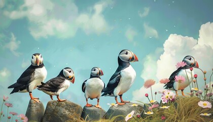 A group of puffins waddling across cliffs, their beaks brightly colored against the sky