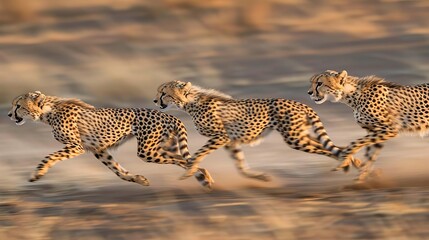 A group of young cheetahs racing each other across the savannah, practicing for future hunts