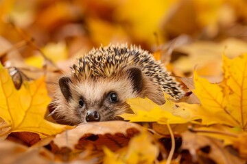 A hedgehog peeking out from a pile of autumn leaves, curiously sniffing the air
