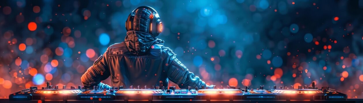 Futuristic cool wallpaper of a robot DJ spinning decks at a highenergy club scene with dynamic lighting