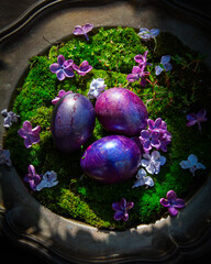 Easter decor with eggs and lilac