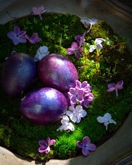 Easter decor with eggs and lilac