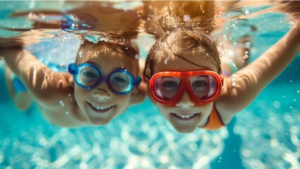 Smiling cute little girl in sunglasses in pool in sunny day.. with high resolution photography, copy space for text banner background - Powered by Adobe