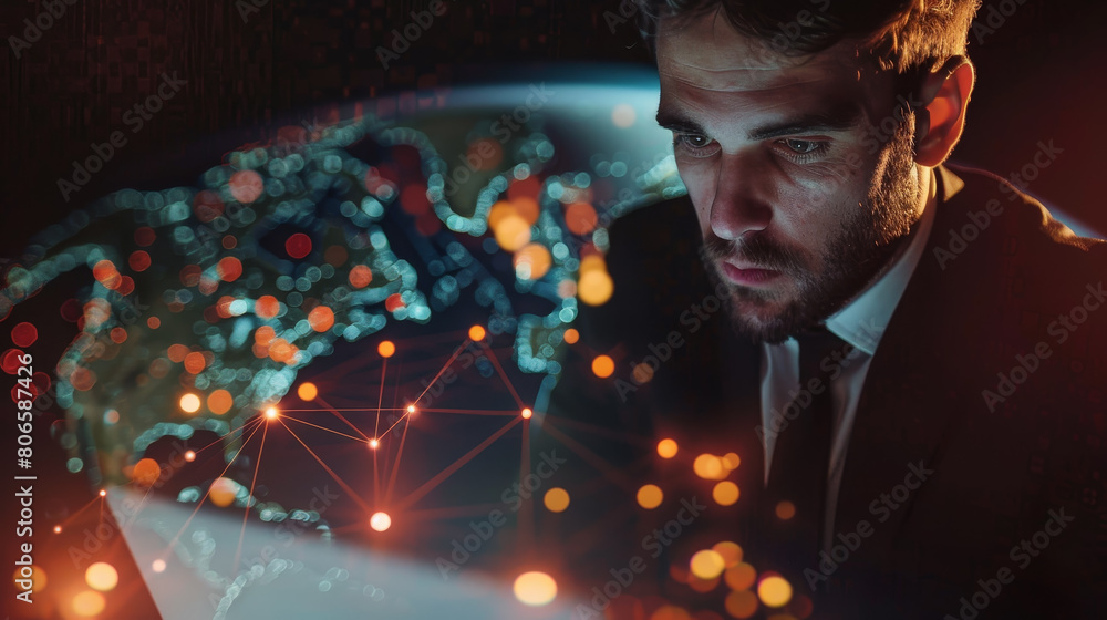 Poster a man is looking at a computer screen with a globe on it
