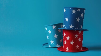 Two top hats in red and blue with white stars on a blue background