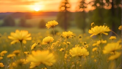 Soft focus abstraction Warm golden hour sunset and sunrise over a meadow of yellow flowers in a sunset field scene. serene close-up of springtime nature with a blurry forest backdrop. idyllic surround