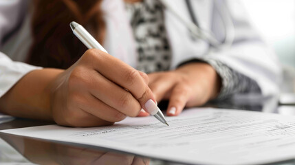 A woman is writing with a pen on a piece of paper