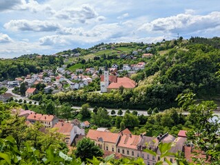 Fototapeta premium Franciscan monastery and Saint Catherine's Church surrounded by forest at Krapina, Croatia , county Hrvatsko zagorje