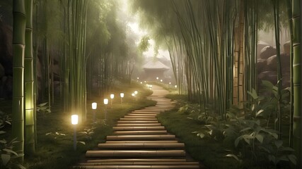 a walkway with volumetric lighting and a dirt path inside a bamboo grove
