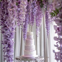 A tall white cake with purple flowers hanging from the ceiling