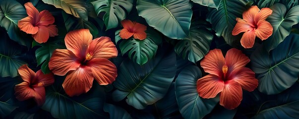 Dynamic flower wallpaper with a tropical theme, featuring bright hibiscus and lush greenery