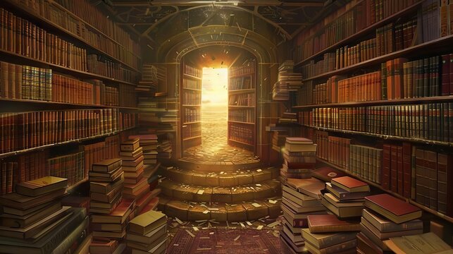 A magical bookshelf where each book spine is a doorway into another literary world