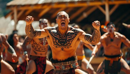 A Maori haka dance performance in New Zealand, powerful facial expressions and traditional tattoos...