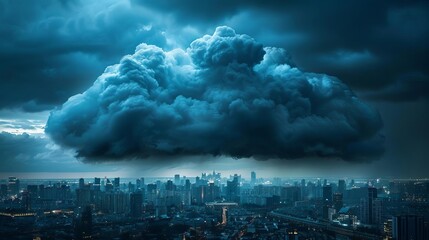 A dark cloud looming over a city, symbolizing the economic and environmental threat, Depict the seriousness of the situation