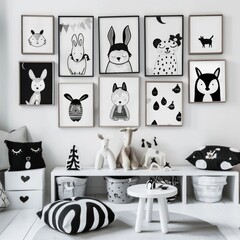 A wall of black and white animal pictures