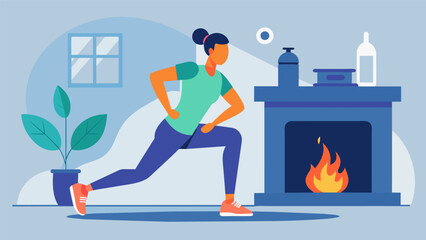 A person in athletic wear using the fireplace as a warmup before a workout their muscles loosening in the comfort of the heat.. Vector illustration