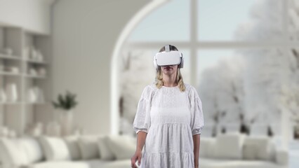 Excited girl wearing VR living room to connect metaverse surround fantasy mountain ice with stream...
