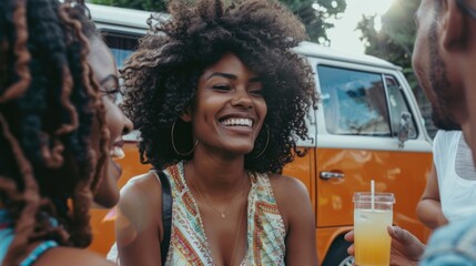 Party get-together of a smiling African American woman with curly hair and friends drinking drinks...