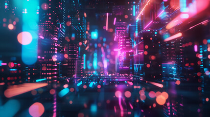 Obraz premium A colorful image of a cityscape with neon lights and squares. The image is abstract and has a futuristic feel to it