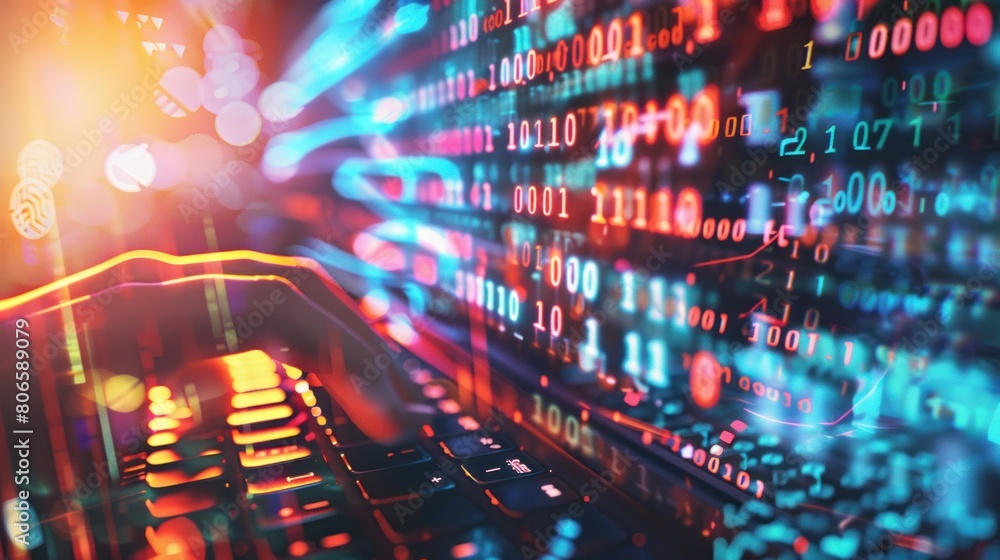 Poster hands typing on computer keyboard, with abstract code, online cyber attack, hack, threats and breach