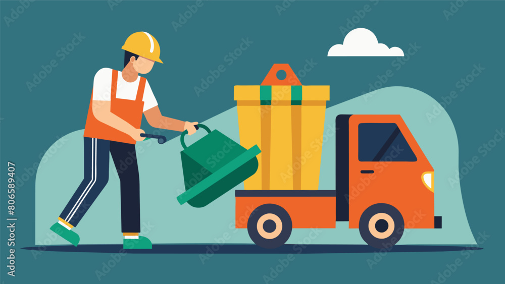 Poster a worker using a heavyduty machine to compact waste and minimize the volume of waste before sending 