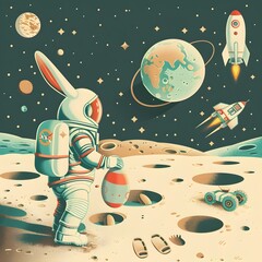 Easter Bunny Astronaut Hunting for a Cosmic Egg on the Moon in a Flat Design Generative ai