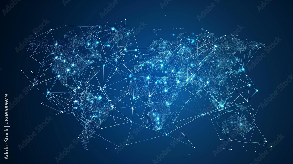 Aufkleber a blue background with a network of lines and dots that resemble a map of the world. the lines and d