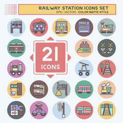 Icon Set Railway Station. related to Train Station symbol. color mate style. simple design illustration