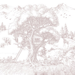 Naklejka premium tree in the forest swing sketch wallaper beatifull