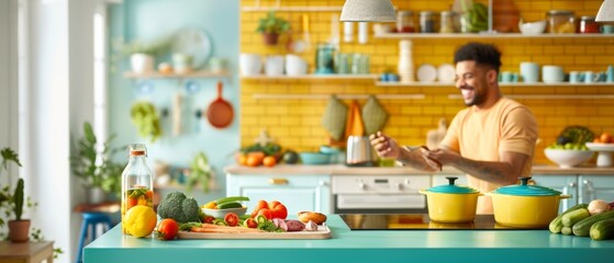 Joyful Male Chef Prepares Healthy Meal in Bright Teal Kitchen Promoting Wellness