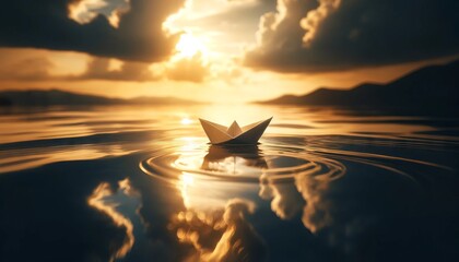 Paper boat on water at sunset