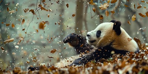 A playful panda tumbling down a hill, its fur covered in leaves and sticks