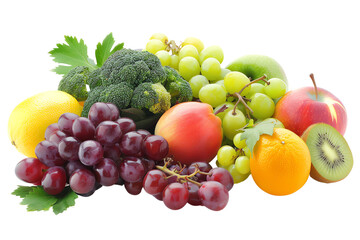 Colorful assortment of fresh fruits and vegetables arranged on an isolated white background