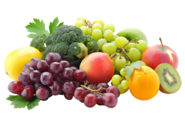 Colorful assortment of fresh fruits and vegetables arranged on an isolated white background