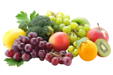 Fotobehang Colorful assortment of fresh fruits and vegetables arranged on an isolated white background © ItziesDesign