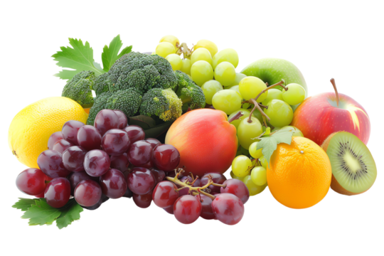 Colorful assortment of fresh fruits and vegetables arranged on an isolated white background