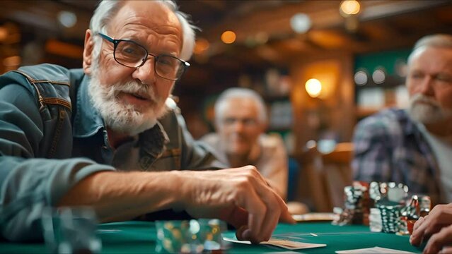 Senior poker game, friendly atmosphere, casino background