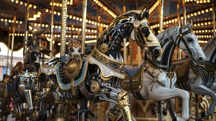 A steampunk carousel featuring intricately designed robot horses, each covered in brass and clockwork