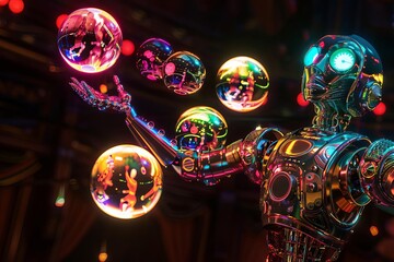 A steampunk robot juggling brightly colored neon orbs, each reflecting circus performers
