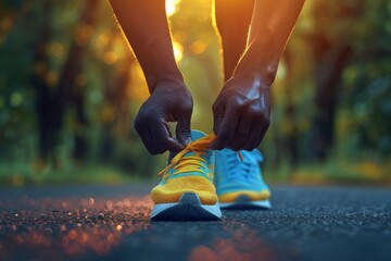 Early Morning Jog Prep: Man Tying Running Shoes for Health and Fitness