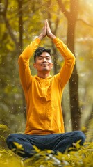 Asian Man in His 30s Experiencing Serenity with Morning Yoga in a Forest for Men's Health Month