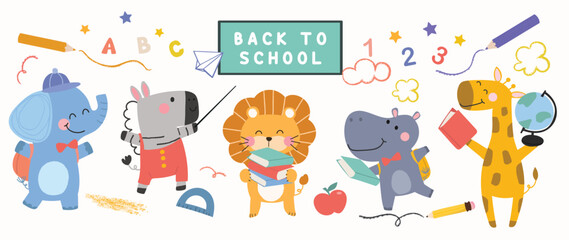 Back to School concept animal vector set. Collection of adorable wildlife, elephant, zebra, lion, hippo, giraffe. School with funny animal character illustration for greeting card, kids, education.