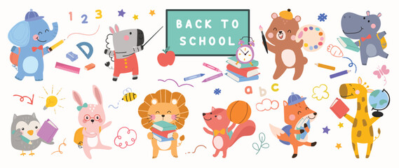 Back to School concept animal vector set. Collection of adorable wildlife, rabbit, squirrel, bear, fox, elephant.  School with funny animal character illustration for greeting card, kids, education.
