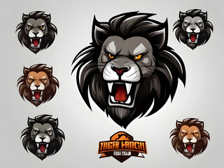 Obraz premium Lion illustration head logo. Set lion silhouette. Minimalist and Flat Logo. Isolated vector image, head lion logo vector, animal theme, wildlife logo.