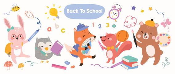 Back to School concept animal vector set. Collection of adorable wildlife, rabbit, squirrel, bear, fox, bird. School with funny animal character illustration for greeting card, kids, education.