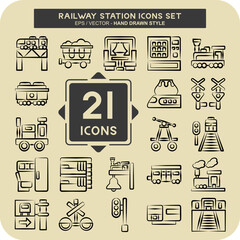 Icon Set Railway Station. related to Train Station symbol. hand drawn style. simple design illustration