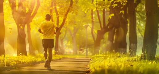 Serene Morning Jog: Young Adult Male Runner in Sunlit Park