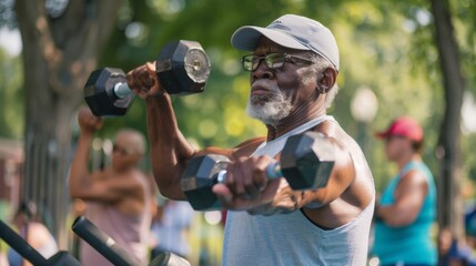 Elderly African-American Man Strength Training in Outdoor Gym Park