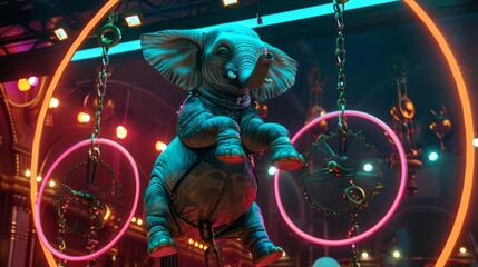 A trapeze act where a robot elephant balances on a unicycle while flipping through neon hoops